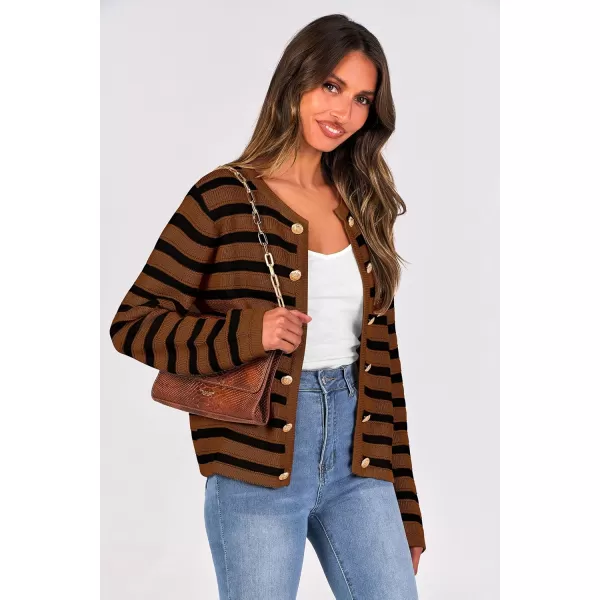 imagePRETTYGARDEN Womens Striped Cardigan Sweaters Ribbed Knit Long Sleeve Open Front Crewneck Casual JacketsCamel