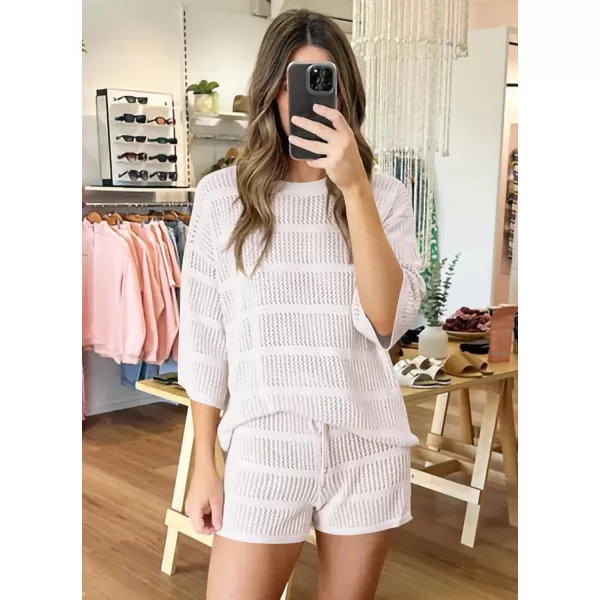 imagePRETTYGARDEN Womens Summer 2 Piece Swimsuit Coverup Hollow Out Knit Half Sleeve Tops Shorts Sets Bathing Suit Beach OutfitsBeige White