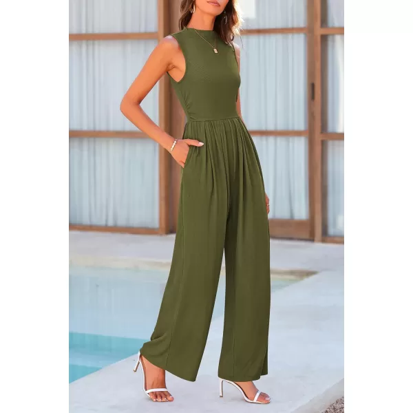 imagePRETTYGARDEN Womens Summer Jumpsuits Dressy Casual One Piece Outfits Sleeveless Mock Neck Wide Leg Pants Rompers with PocketsArmy Green