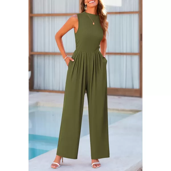 imagePRETTYGARDEN Womens Summer Jumpsuits Dressy Casual One Piece Outfits Sleeveless Mock Neck Wide Leg Pants Rompers with PocketsArmy Green