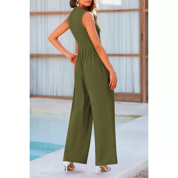 imagePRETTYGARDEN Womens Summer Jumpsuits Dressy Casual One Piece Outfits Sleeveless Mock Neck Wide Leg Pants Rompers with PocketsArmy Green