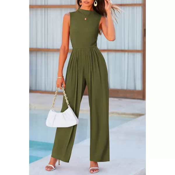 imagePRETTYGARDEN Womens Summer Jumpsuits Dressy Casual One Piece Outfits Sleeveless Mock Neck Wide Leg Pants Rompers with PocketsArmy Green