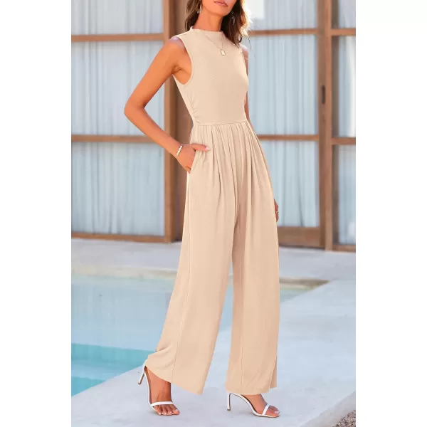 imagePRETTYGARDEN Womens Summer Jumpsuits Dressy Casual One Piece Outfits Sleeveless Mock Neck Wide Leg Pants Rompers with PocketsBeige