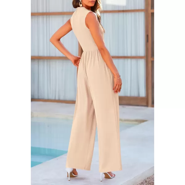 imagePRETTYGARDEN Womens Summer Jumpsuits Dressy Casual One Piece Outfits Sleeveless Mock Neck Wide Leg Pants Rompers with PocketsBeige