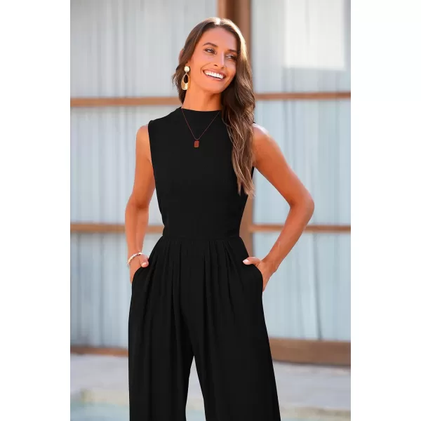 imagePRETTYGARDEN Womens Summer Jumpsuits Dressy Casual One Piece Outfits Sleeveless Mock Neck Wide Leg Pants Rompers with PocketsBlack