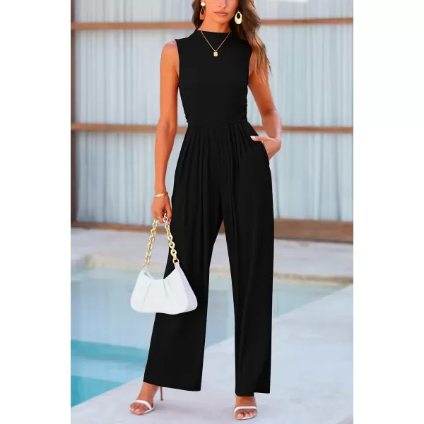 imagePRETTYGARDEN Womens Summer Jumpsuits Dressy Casual One Piece Outfits Sleeveless Mock Neck Wide Leg Pants Rompers with PocketsBlack