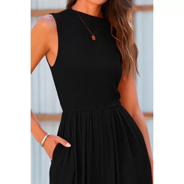 imagePRETTYGARDEN Womens Summer Jumpsuits Dressy Casual One Piece Outfits Sleeveless Mock Neck Wide Leg Pants Rompers with PocketsBlack