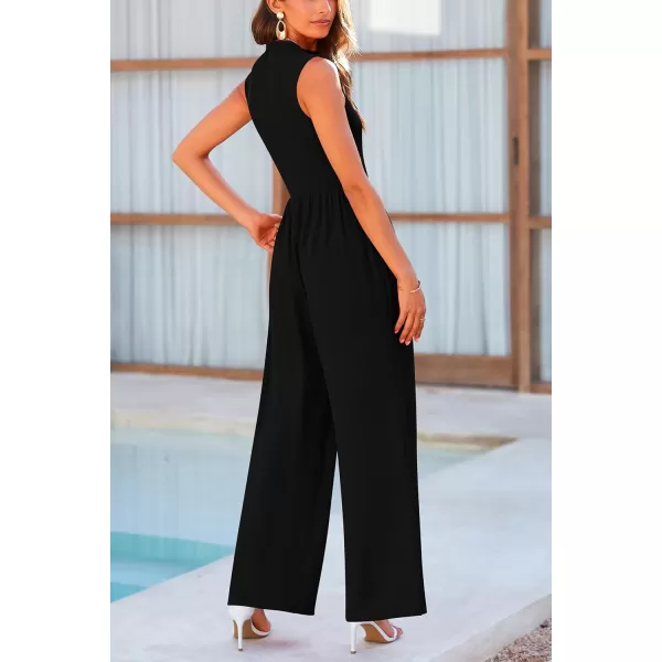 imagePRETTYGARDEN Womens Summer Jumpsuits Dressy Casual One Piece Outfits Sleeveless Mock Neck Wide Leg Pants Rompers with PocketsBlack
