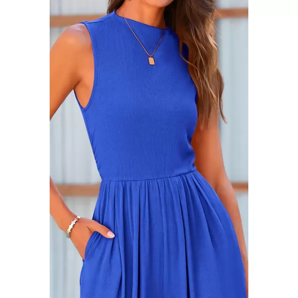 imagePRETTYGARDEN Womens Summer Jumpsuits Dressy Casual One Piece Outfits Sleeveless Mock Neck Wide Leg Pants Rompers with PocketsBlue