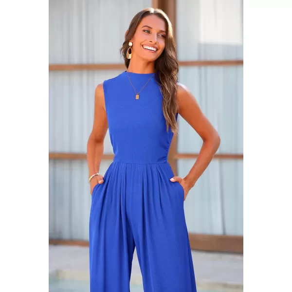 imagePRETTYGARDEN Womens Summer Jumpsuits Dressy Casual One Piece Outfits Sleeveless Mock Neck Wide Leg Pants Rompers with PocketsBlue