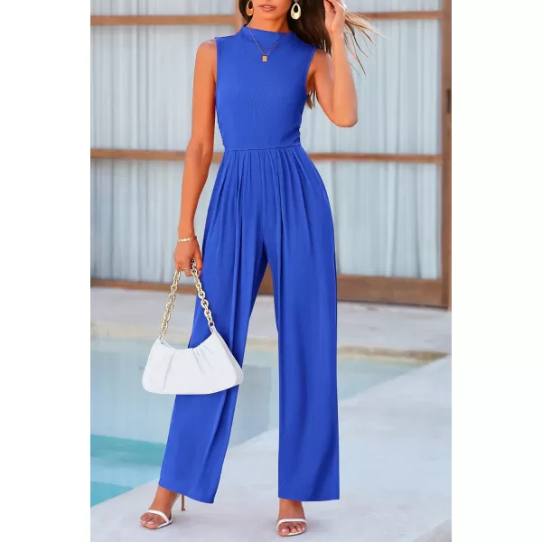 imagePRETTYGARDEN Womens Summer Jumpsuits Dressy Casual One Piece Outfits Sleeveless Mock Neck Wide Leg Pants Rompers with PocketsBlue