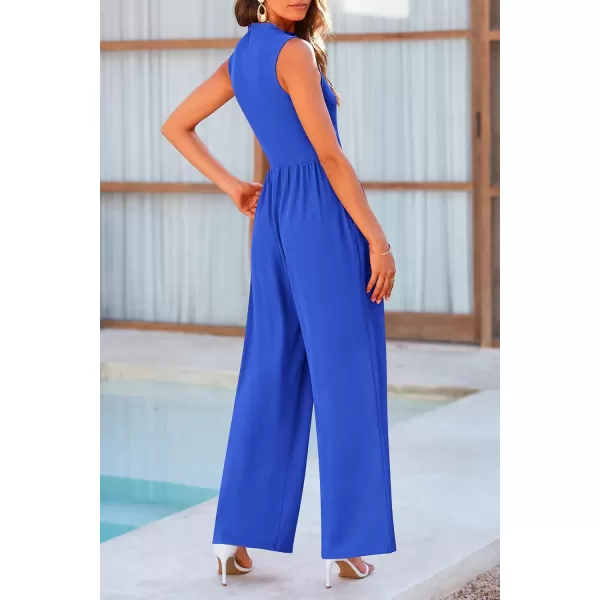 imagePRETTYGARDEN Womens Summer Jumpsuits Dressy Casual One Piece Outfits Sleeveless Mock Neck Wide Leg Pants Rompers with PocketsBlue