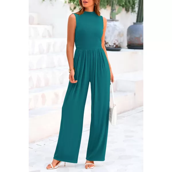 imagePRETTYGARDEN Womens Summer Jumpsuits Dressy Casual One Piece Outfits Sleeveless Mock Neck Wide Leg Pants Rompers with PocketsBlue Green