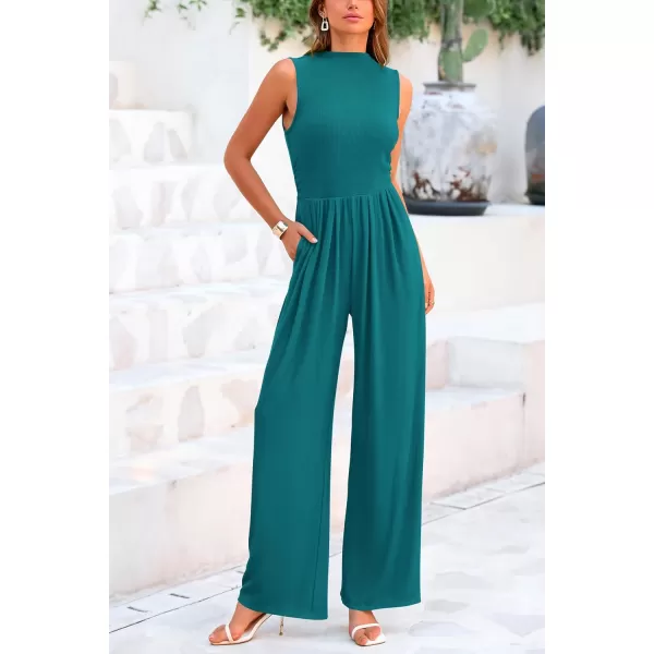 imagePRETTYGARDEN Womens Summer Jumpsuits Dressy Casual One Piece Outfits Sleeveless Mock Neck Wide Leg Pants Rompers with PocketsBlue Green