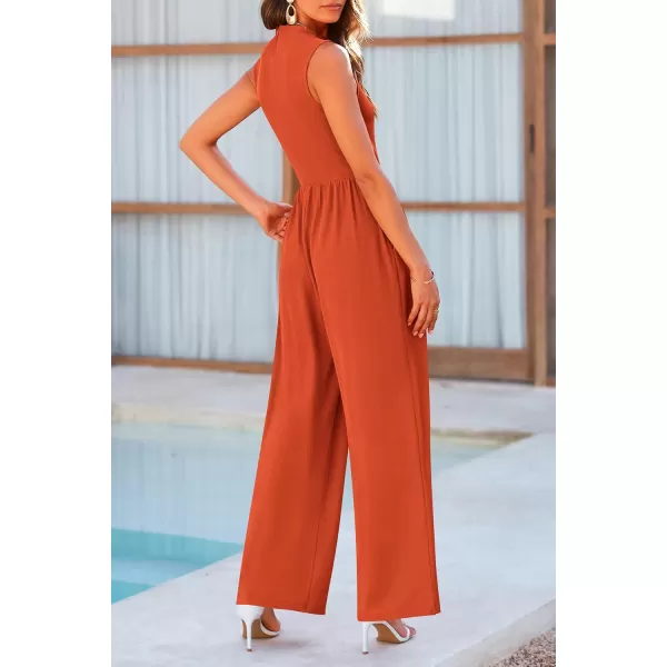 imagePRETTYGARDEN Womens Summer Jumpsuits Dressy Casual One Piece Outfits Sleeveless Mock Neck Wide Leg Pants Rompers with PocketsBrick Red