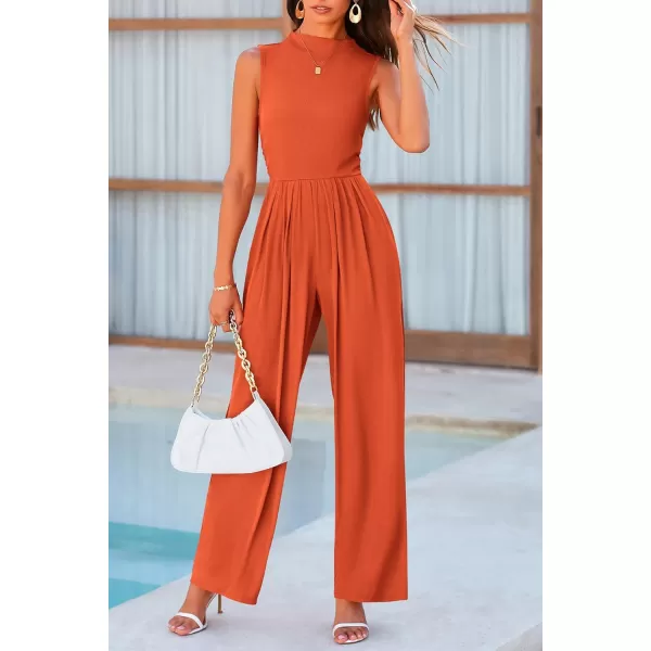 imagePRETTYGARDEN Womens Summer Jumpsuits Dressy Casual One Piece Outfits Sleeveless Mock Neck Wide Leg Pants Rompers with PocketsBrick Red