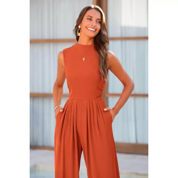 imagePRETTYGARDEN Womens Summer Jumpsuits Dressy Casual One Piece Outfits Sleeveless Mock Neck Wide Leg Pants Rompers with PocketsBrick Red
