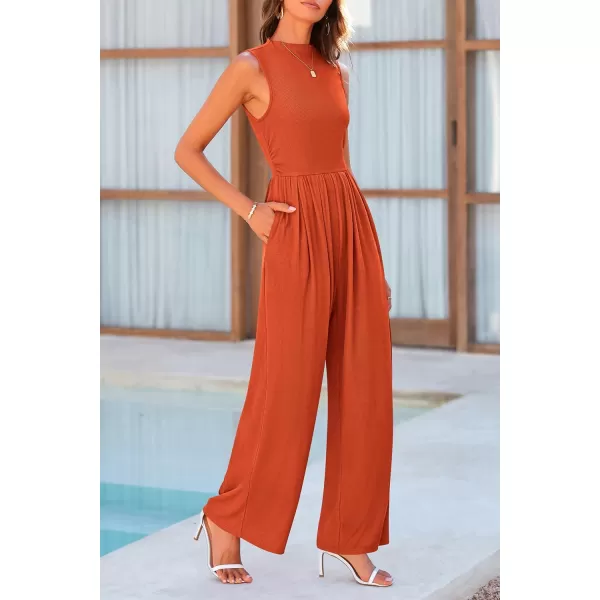 imagePRETTYGARDEN Womens Summer Jumpsuits Dressy Casual One Piece Outfits Sleeveless Mock Neck Wide Leg Pants Rompers with PocketsBrick Red