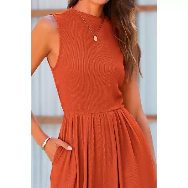 imagePRETTYGARDEN Womens Summer Jumpsuits Dressy Casual One Piece Outfits Sleeveless Mock Neck Wide Leg Pants Rompers with PocketsBrick Red