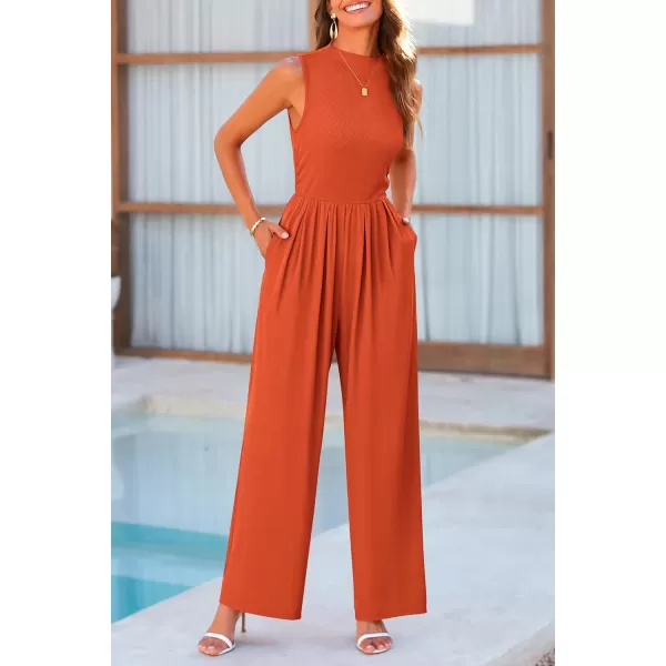 imagePRETTYGARDEN Womens Summer Jumpsuits Dressy Casual One Piece Outfits Sleeveless Mock Neck Wide Leg Pants Rompers with PocketsBrick Red