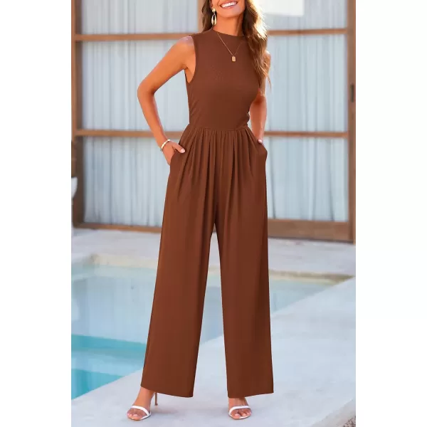 imagePRETTYGARDEN Womens Summer Jumpsuits Dressy Casual One Piece Outfits Sleeveless Mock Neck Wide Leg Pants Rompers with PocketsBrown