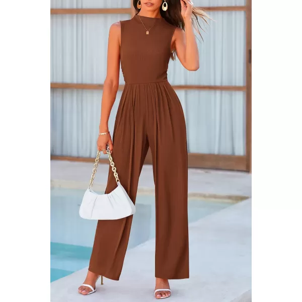 imagePRETTYGARDEN Womens Summer Jumpsuits Dressy Casual One Piece Outfits Sleeveless Mock Neck Wide Leg Pants Rompers with PocketsBrown