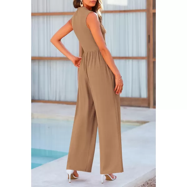 imagePRETTYGARDEN Womens Summer Jumpsuits Dressy Casual One Piece Outfits Sleeveless Mock Neck Wide Leg Pants Rompers with PocketsCamel