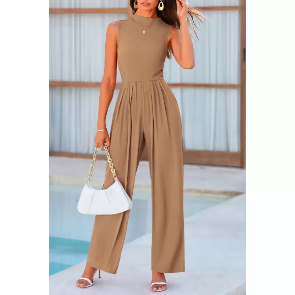 imagePRETTYGARDEN Womens Summer Jumpsuits Dressy Casual One Piece Outfits Sleeveless Mock Neck Wide Leg Pants Rompers with PocketsCamel