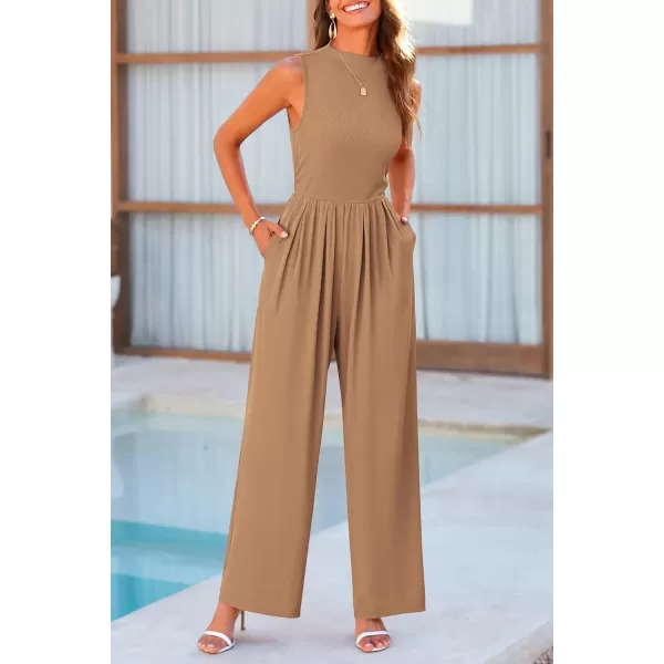 imagePRETTYGARDEN Womens Summer Jumpsuits Dressy Casual One Piece Outfits Sleeveless Mock Neck Wide Leg Pants Rompers with PocketsCamel
