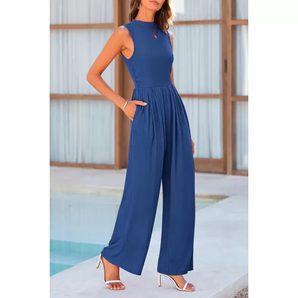 imagePRETTYGARDEN Womens Summer Jumpsuits Dressy Casual One Piece Outfits Sleeveless Mock Neck Wide Leg Pants Rompers with PocketsDark Blue