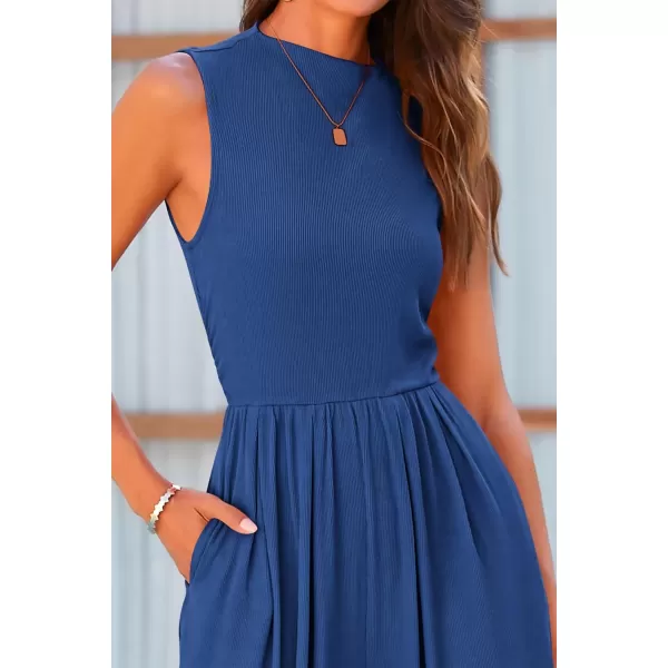 imagePRETTYGARDEN Womens Summer Jumpsuits Dressy Casual One Piece Outfits Sleeveless Mock Neck Wide Leg Pants Rompers with PocketsDark Blue