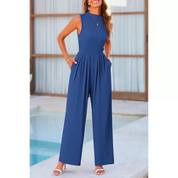 imagePRETTYGARDEN Womens Summer Jumpsuits Dressy Casual One Piece Outfits Sleeveless Mock Neck Wide Leg Pants Rompers with PocketsDark Blue
