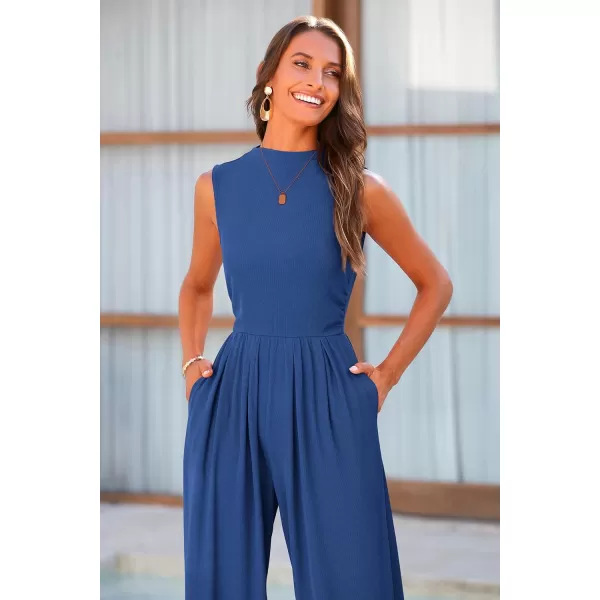 imagePRETTYGARDEN Womens Summer Jumpsuits Dressy Casual One Piece Outfits Sleeveless Mock Neck Wide Leg Pants Rompers with PocketsDark Blue