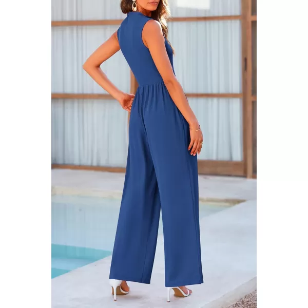 imagePRETTYGARDEN Womens Summer Jumpsuits Dressy Casual One Piece Outfits Sleeveless Mock Neck Wide Leg Pants Rompers with PocketsDark Blue