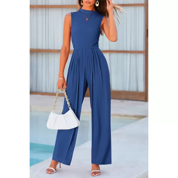 imagePRETTYGARDEN Womens Summer Jumpsuits Dressy Casual One Piece Outfits Sleeveless Mock Neck Wide Leg Pants Rompers with PocketsDark Blue