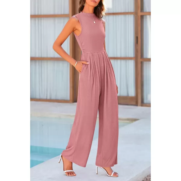 imagePRETTYGARDEN Womens Summer Jumpsuits Dressy Casual One Piece Outfits Sleeveless Mock Neck Wide Leg Pants Rompers with PocketsDusty Pink