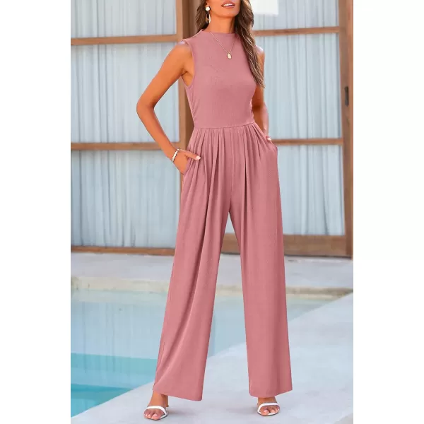 imagePRETTYGARDEN Womens Summer Jumpsuits Dressy Casual One Piece Outfits Sleeveless Mock Neck Wide Leg Pants Rompers with PocketsDusty Pink