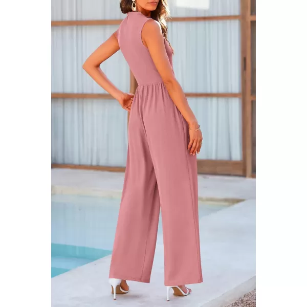 imagePRETTYGARDEN Womens Summer Jumpsuits Dressy Casual One Piece Outfits Sleeveless Mock Neck Wide Leg Pants Rompers with PocketsDusty Pink