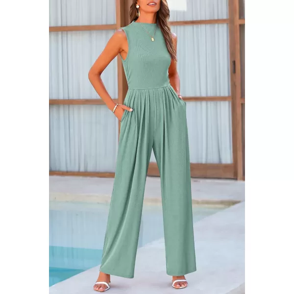 imagePRETTYGARDEN Womens Summer Jumpsuits Dressy Casual One Piece Outfits Sleeveless Mock Neck Wide Leg Pants Rompers with PocketsFruit Green