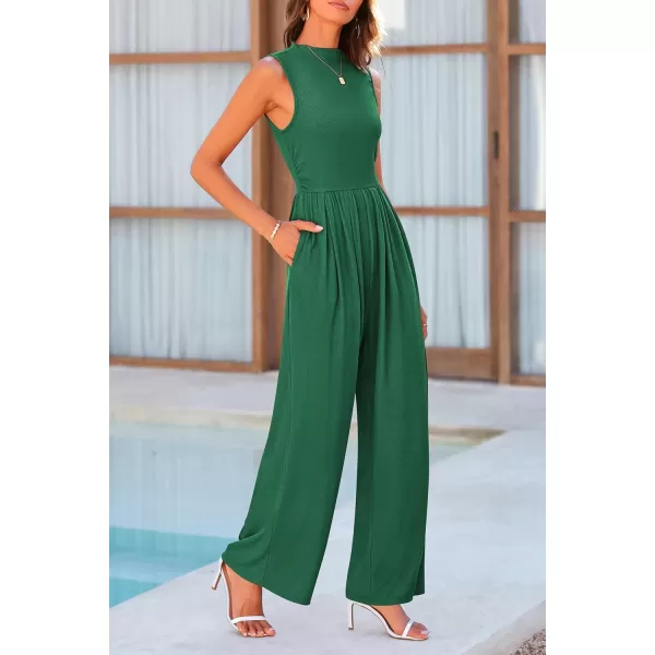 imagePRETTYGARDEN Womens Summer Jumpsuits Dressy Casual One Piece Outfits Sleeveless Mock Neck Wide Leg Pants Rompers with PocketsGreen