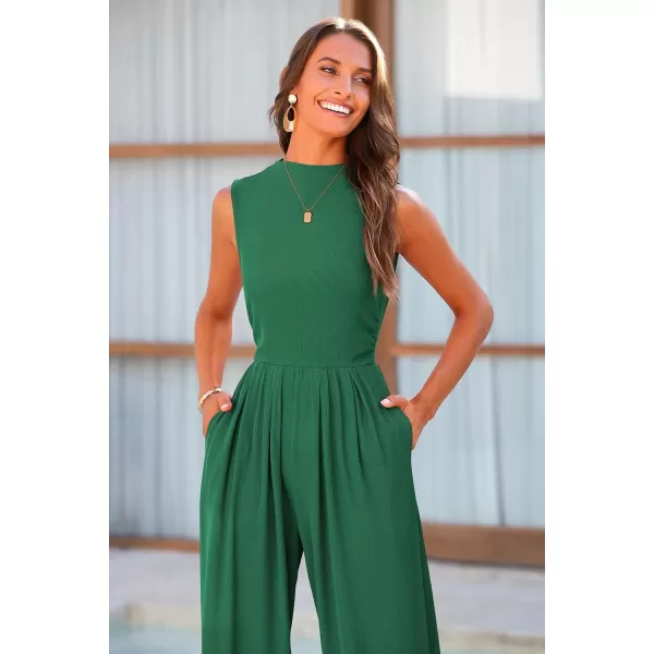 imagePRETTYGARDEN Womens Summer Jumpsuits Dressy Casual One Piece Outfits Sleeveless Mock Neck Wide Leg Pants Rompers with PocketsGreen