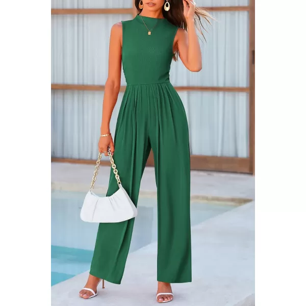 imagePRETTYGARDEN Womens Summer Jumpsuits Dressy Casual One Piece Outfits Sleeveless Mock Neck Wide Leg Pants Rompers with PocketsGreen