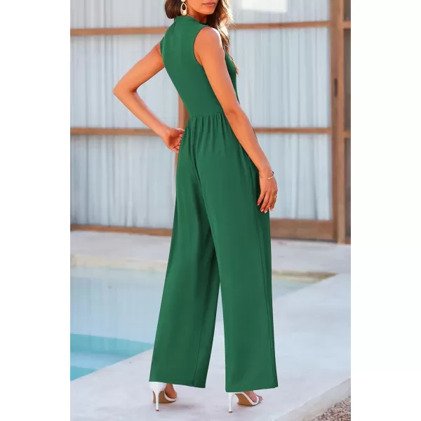 imagePRETTYGARDEN Womens Summer Jumpsuits Dressy Casual One Piece Outfits Sleeveless Mock Neck Wide Leg Pants Rompers with PocketsGreen