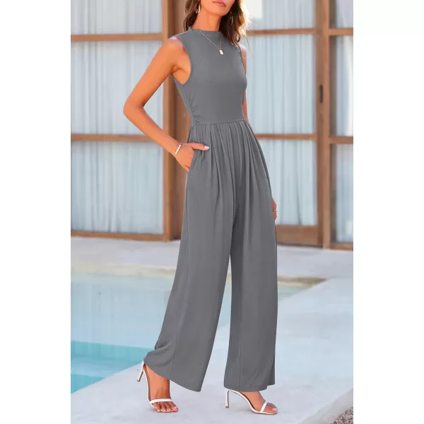 imagePRETTYGARDEN Womens Summer Jumpsuits Dressy Casual One Piece Outfits Sleeveless Mock Neck Wide Leg Pants Rompers with PocketsGrey