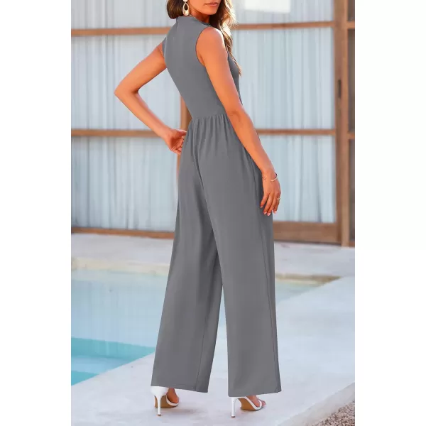 imagePRETTYGARDEN Womens Summer Jumpsuits Dressy Casual One Piece Outfits Sleeveless Mock Neck Wide Leg Pants Rompers with PocketsGrey