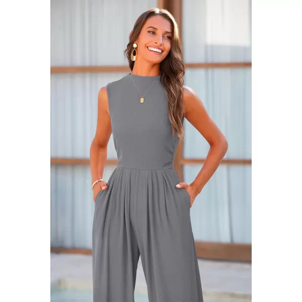 imagePRETTYGARDEN Womens Summer Jumpsuits Dressy Casual One Piece Outfits Sleeveless Mock Neck Wide Leg Pants Rompers with PocketsGrey