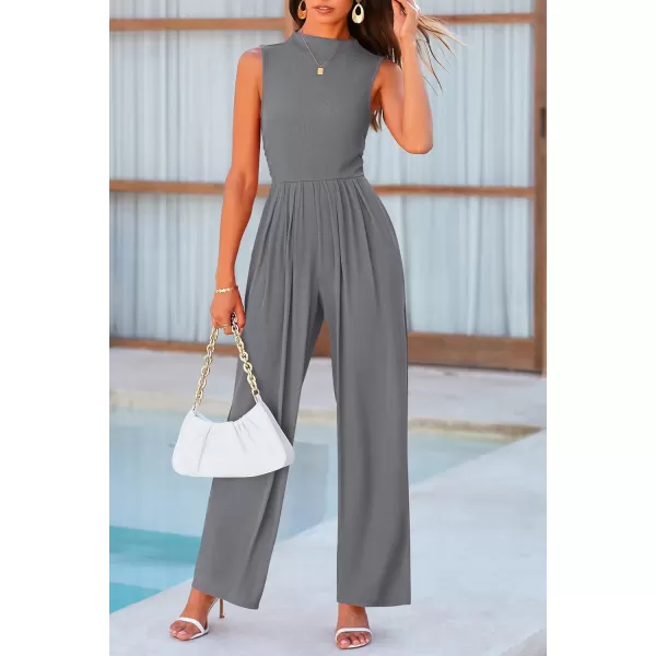 imagePRETTYGARDEN Womens Summer Jumpsuits Dressy Casual One Piece Outfits Sleeveless Mock Neck Wide Leg Pants Rompers with PocketsGrey