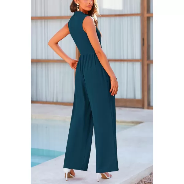 imagePRETTYGARDEN Womens Summer Jumpsuits Dressy Casual One Piece Outfits Sleeveless Mock Neck Wide Leg Pants Rompers with PocketsLake Blue