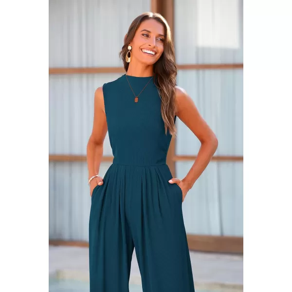 imagePRETTYGARDEN Womens Summer Jumpsuits Dressy Casual One Piece Outfits Sleeveless Mock Neck Wide Leg Pants Rompers with PocketsLake Blue