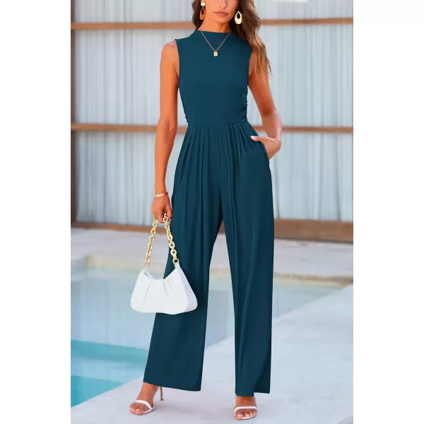 imagePRETTYGARDEN Womens Summer Jumpsuits Dressy Casual One Piece Outfits Sleeveless Mock Neck Wide Leg Pants Rompers with PocketsLake Blue